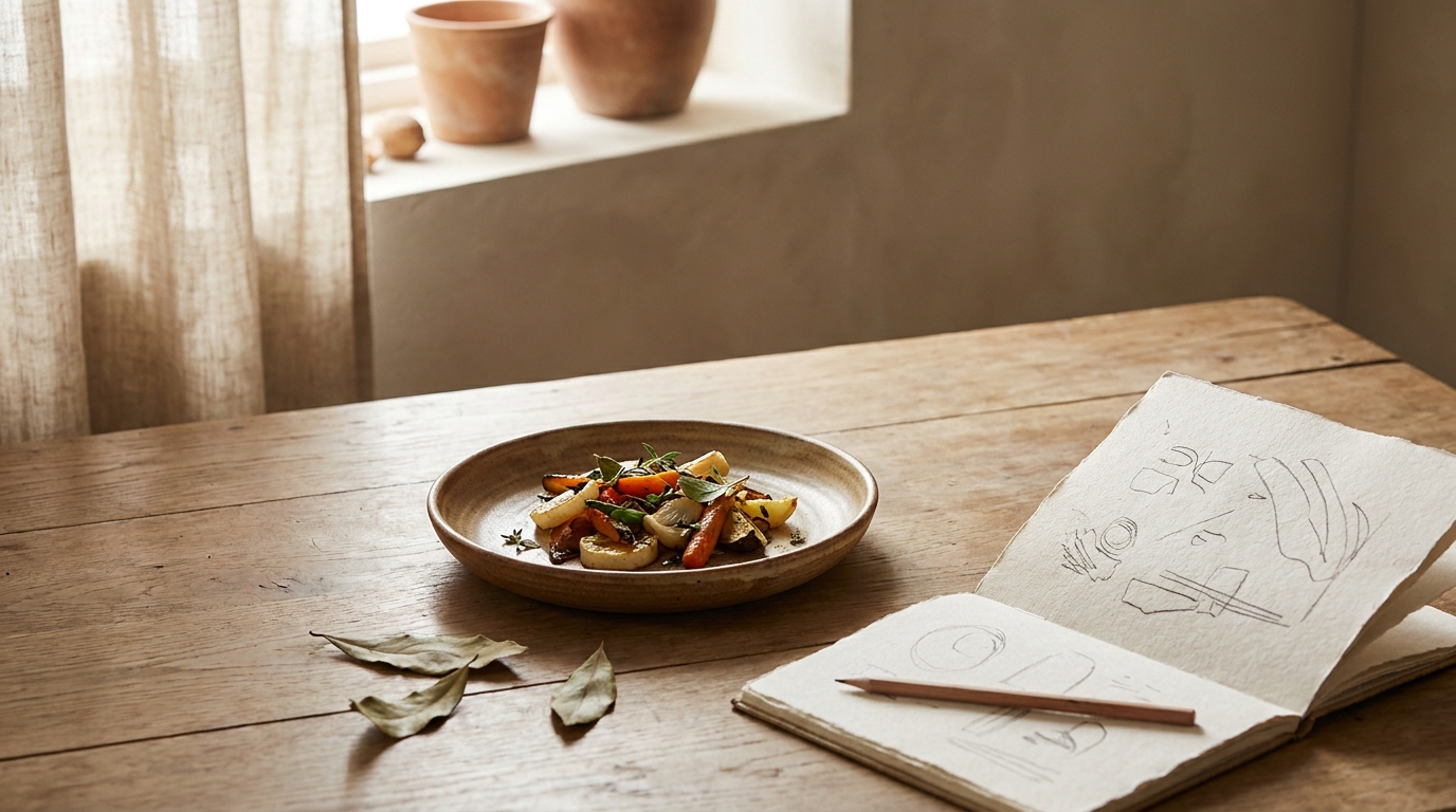 木の食卓に置いた陶器の皿の野菜料理と、器を描いたノート（AI生成イメージ）