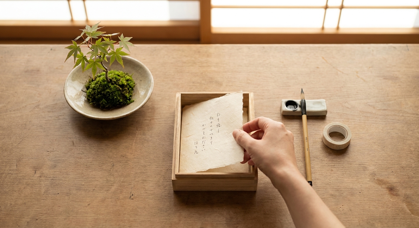 小さな鉢植えのそばで手帳に言葉を書く手元のAI生成イメージ
