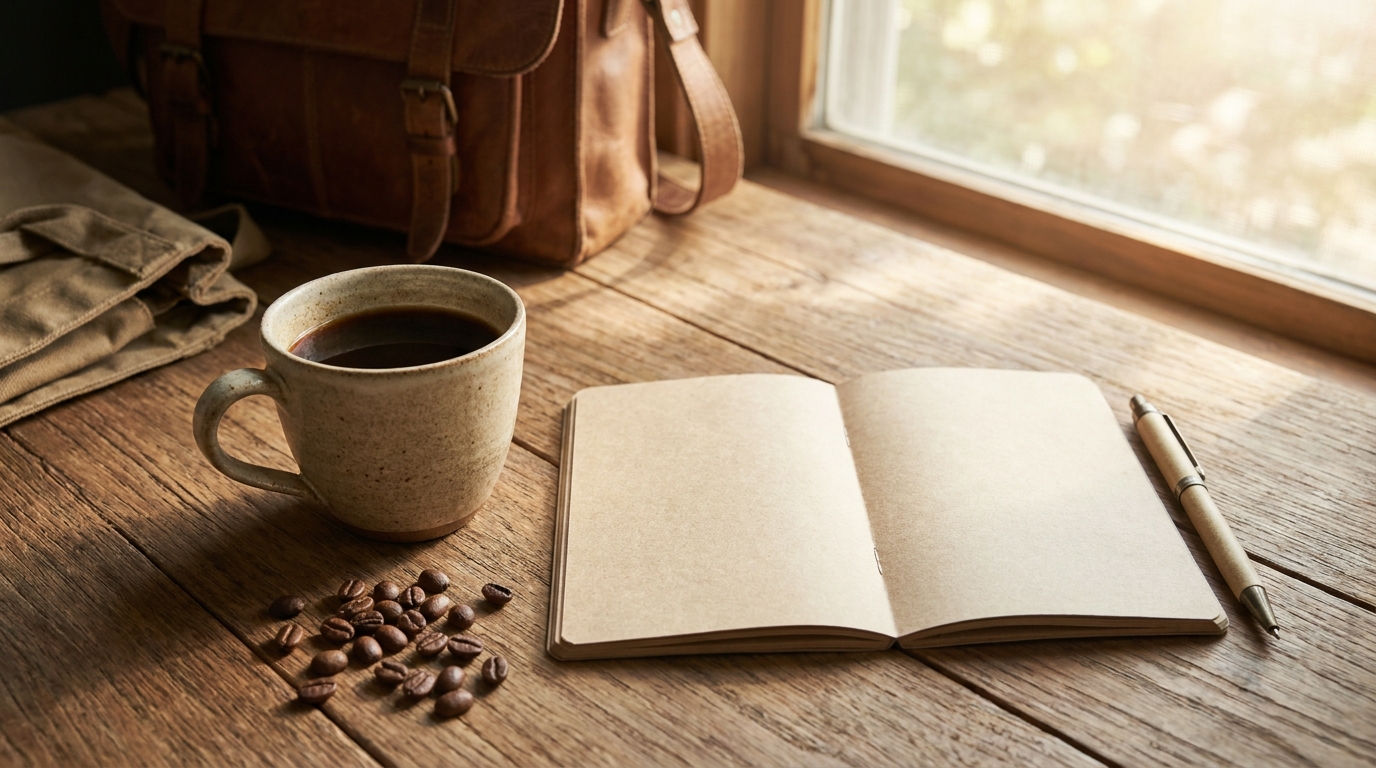 コーヒーと、産地についての問いを残すノートの静物