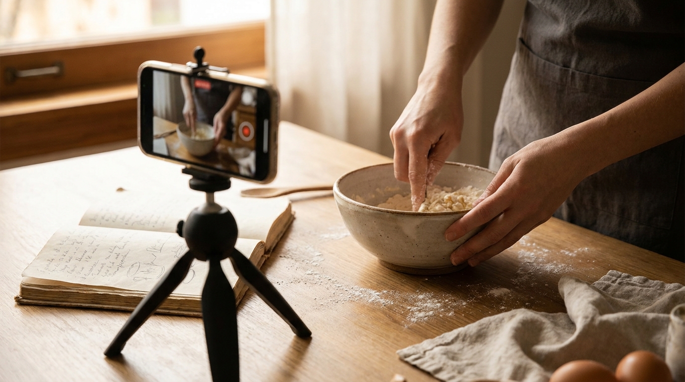 料理する人の手元をスマートフォンで記録する場面（AI生成イメージ）