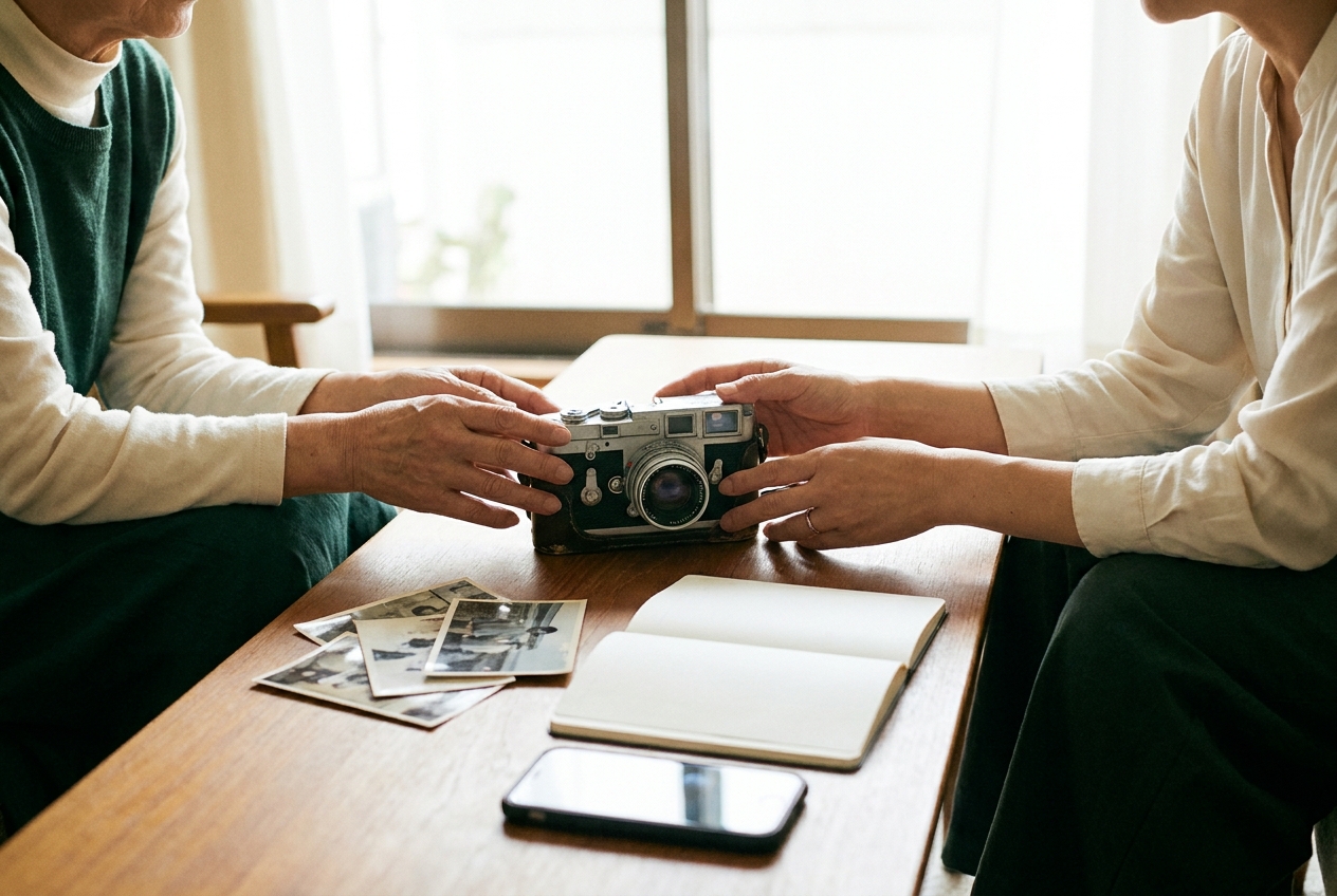 木のテーブルで古い写真とカメラを囲み、年配の親と大人の子が穏やかに話す様子のAI生成イメージ