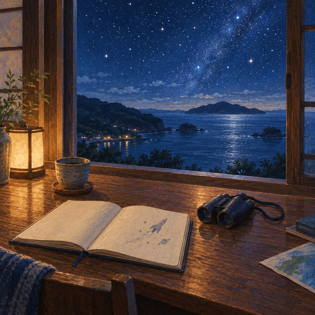 星空を望む窓辺の旅のノートと双眼鏡を描いたAI生成イラスト